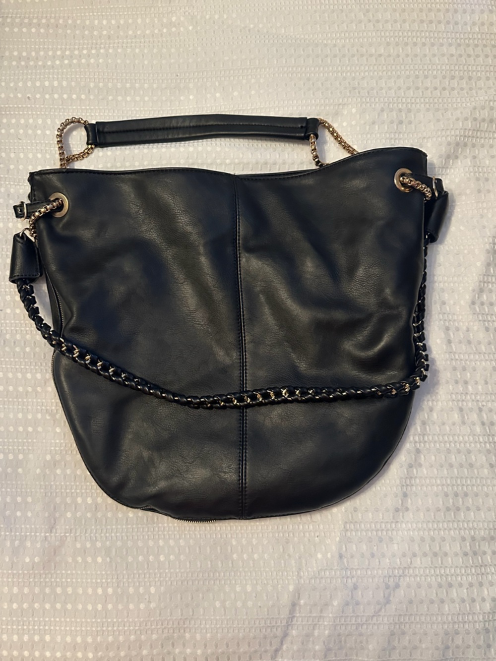 Black Leather Chain-Accent Shoulder Bag